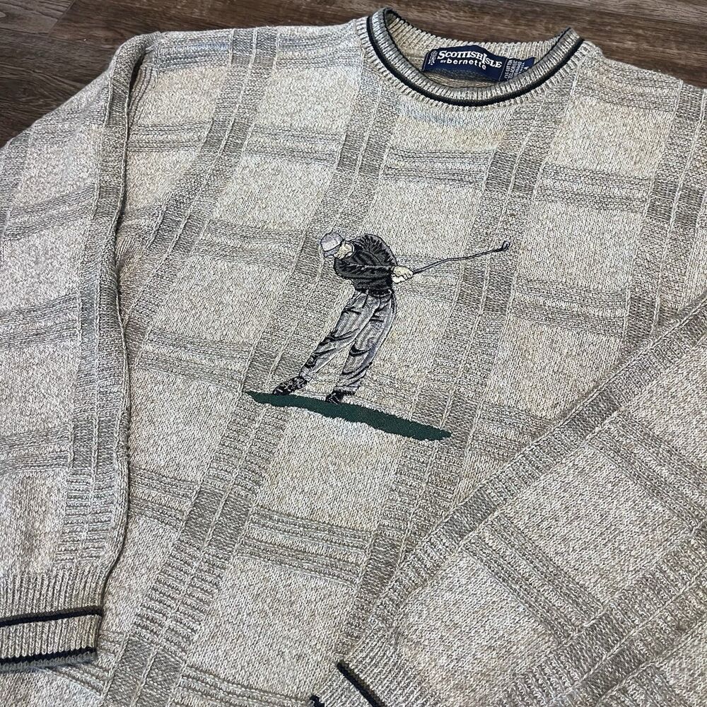 Scottish Isle Bernette Knit Sweater Mens Medium Embroidered Golf Grandpa Vintage